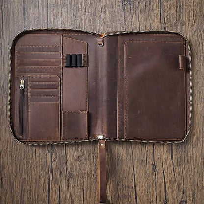 A5 Genuine Leather Zipper Business Portfolio Brown 1