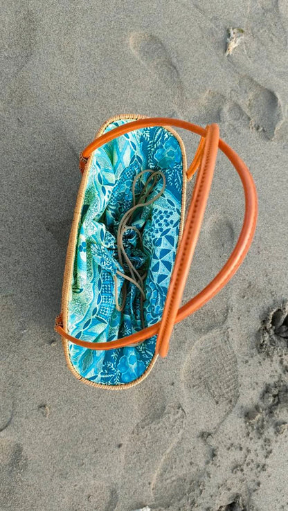 Bali Handmade Natural Rattan Tote Handbag Blue Lining