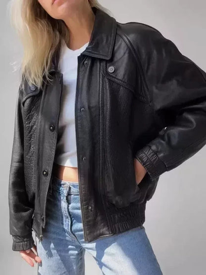 Oversized Leather Jacket for Women in Black Relaxed Bomber Style