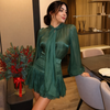 Shimmer bow blouse with high-waist ruched mini skirt set