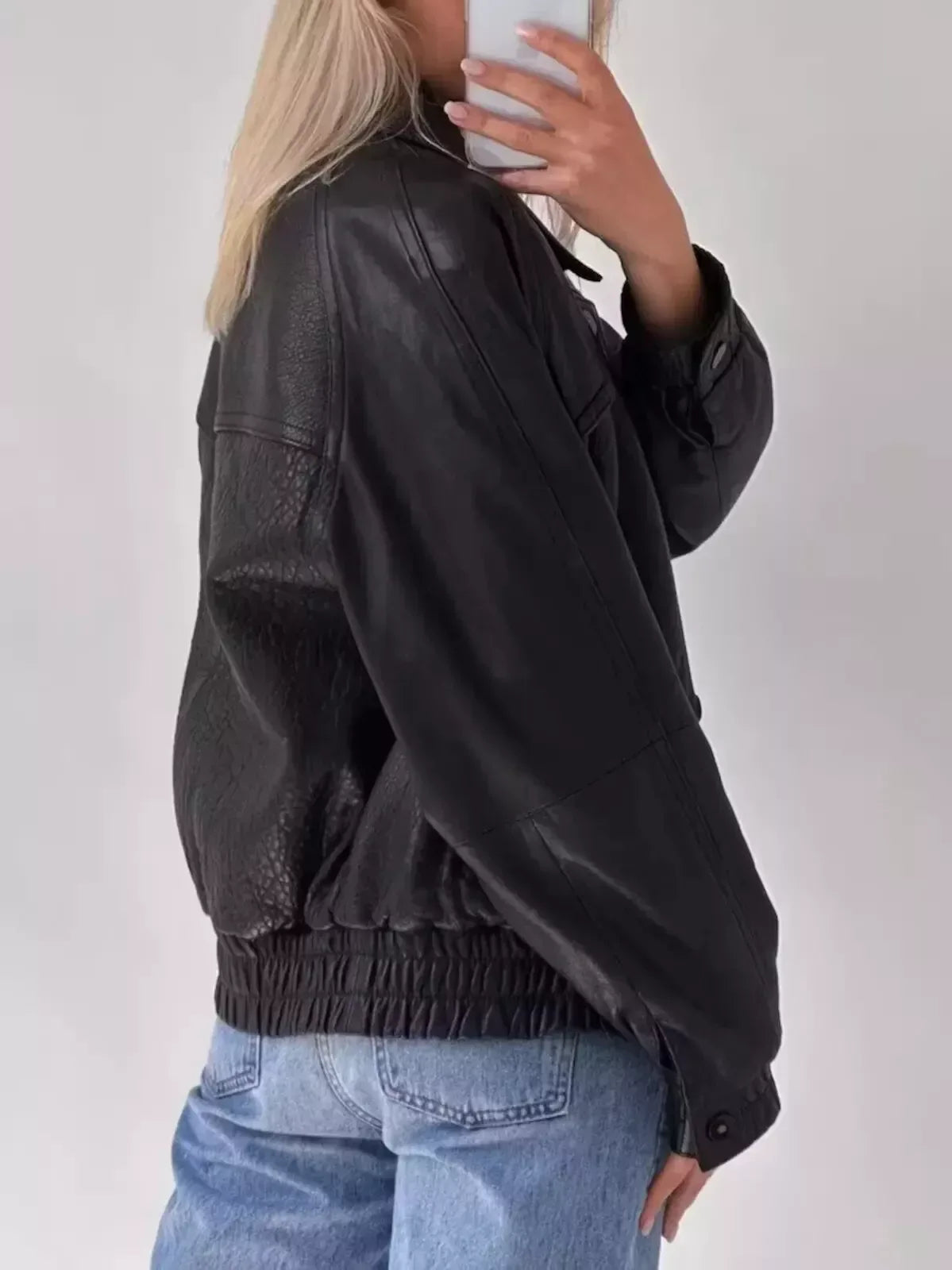 Oversized Leather Jacket for Women in Black Relaxed Bomber Style