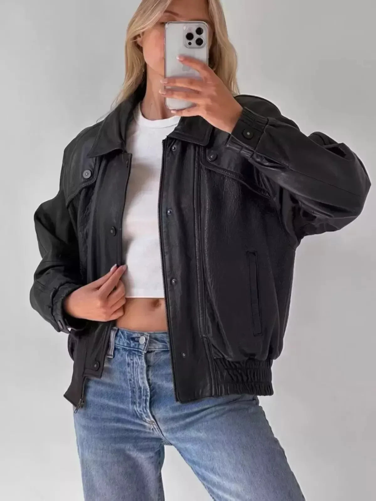 Oversized Leather Jacket for Women in Black Relaxed Bomber Style