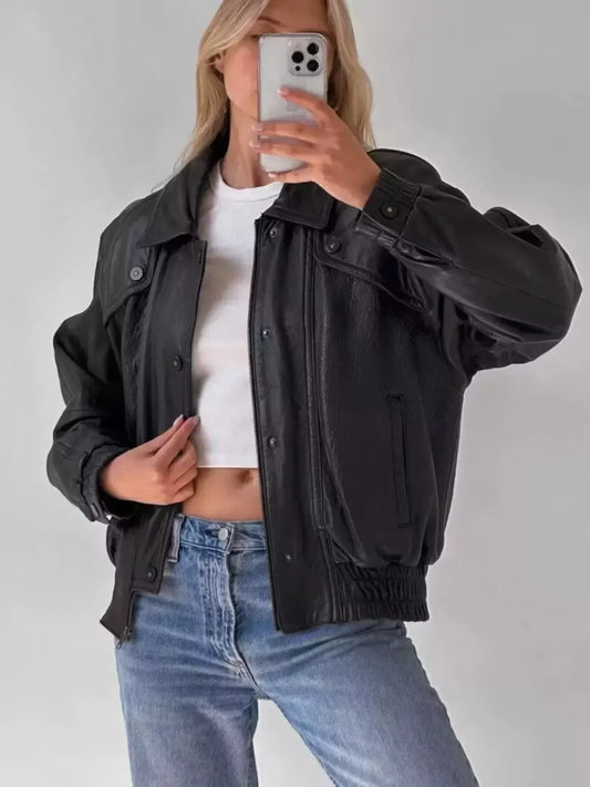 Oversized Leather Jacket for Women in Black Relaxed Bomber Style