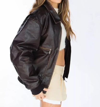 Oversized Brown Leather Jacket for Women