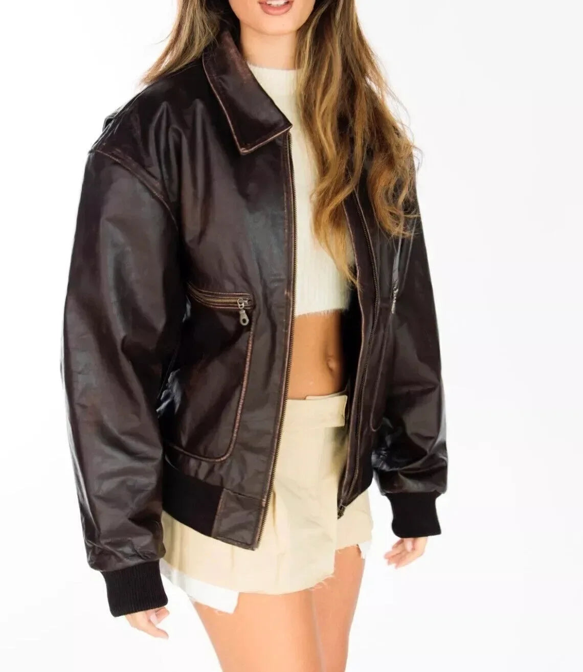 Oversized Brown Leather Jacket for Women