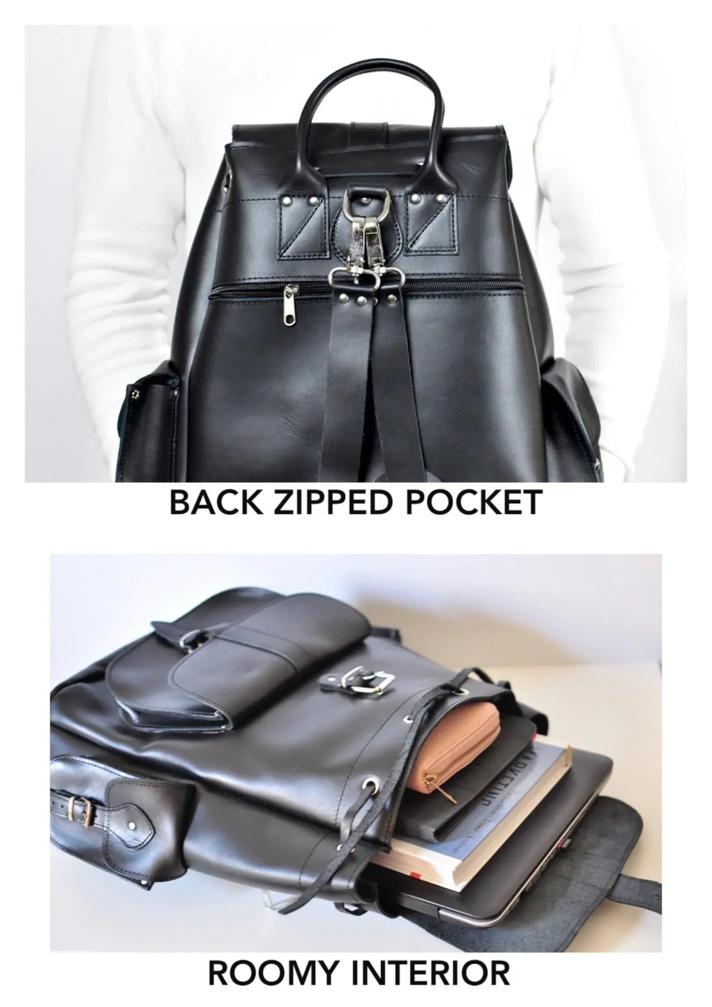 large leather backpack black full grain travel