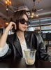 Black Leather Blazer Women Lapel Collar Single Button Shirt Jacket