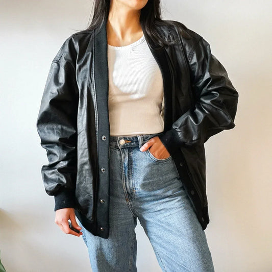 Oversized Leather Jacket Womens Black Bomber Retro Style