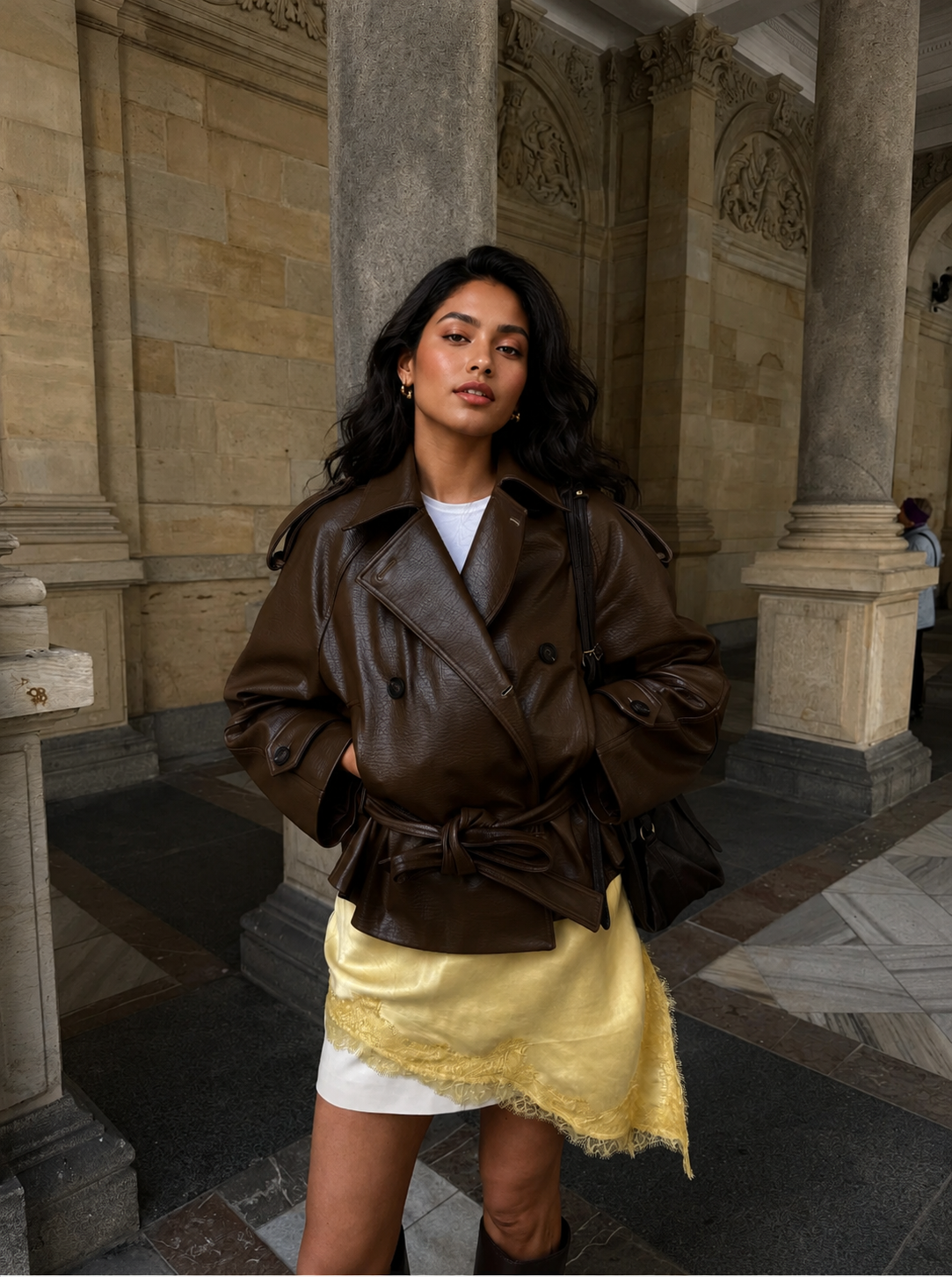 Oversized leather jacket women belt coat