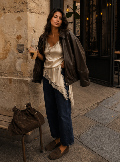 Oversized leather jacket women loose fit