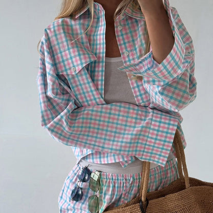 Pastel plaid oversized shirt and wide leg pants set