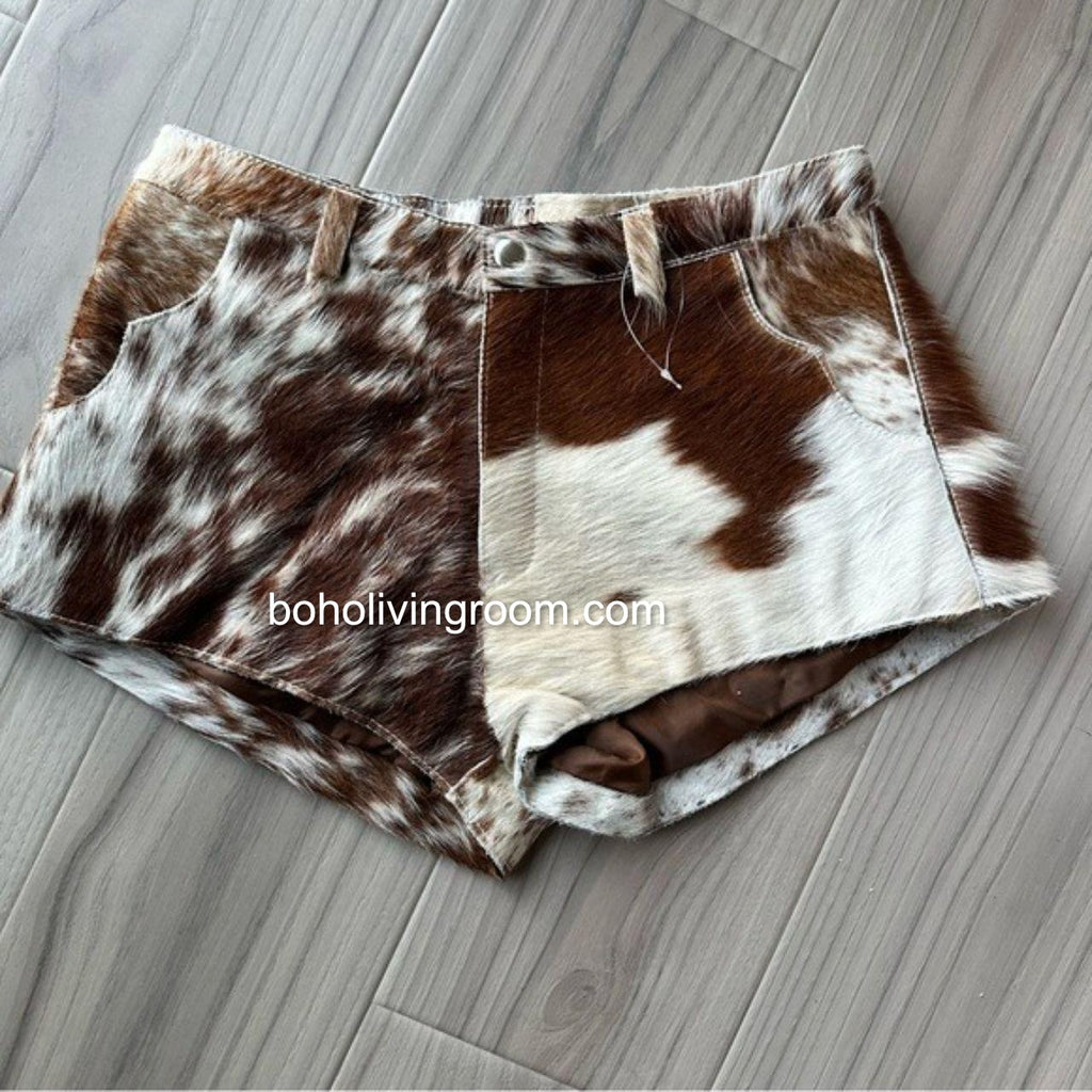 Women Mini Brown White Cowhide Shorts