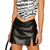 PU Leather Mini Skirt with Slit and V-Shaped Waistband