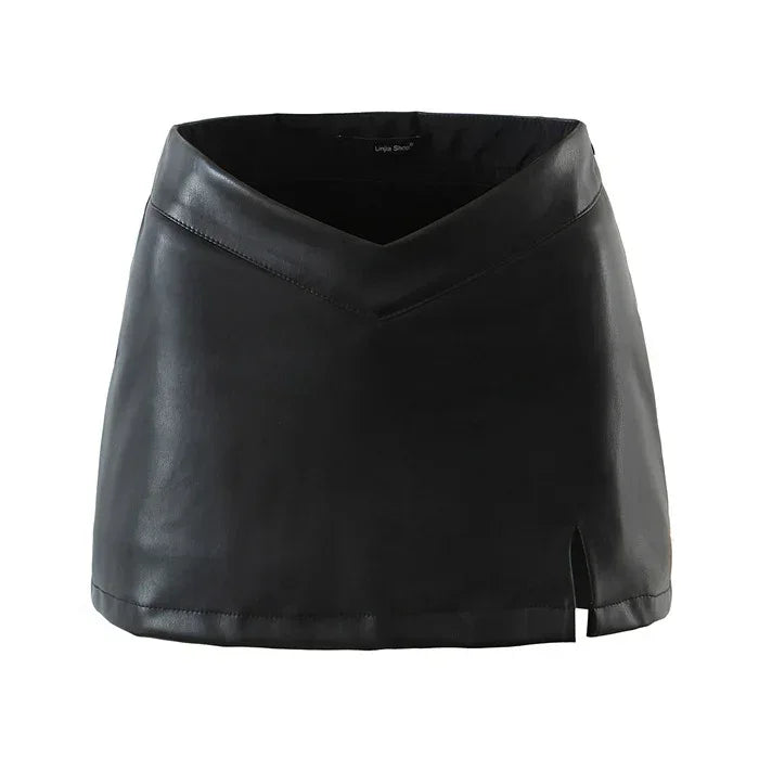 PU Leather Mini Skirt with Slit and V-Shaped Waistband