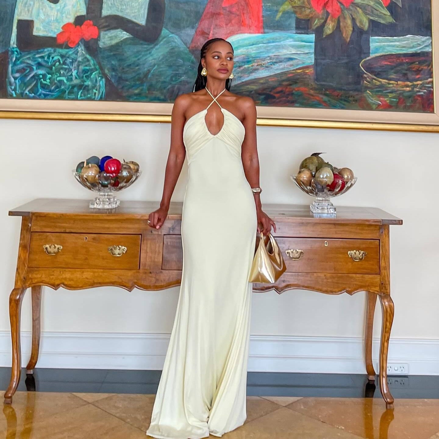 Pale Yellow Halter Neck Backless Maxi Dress