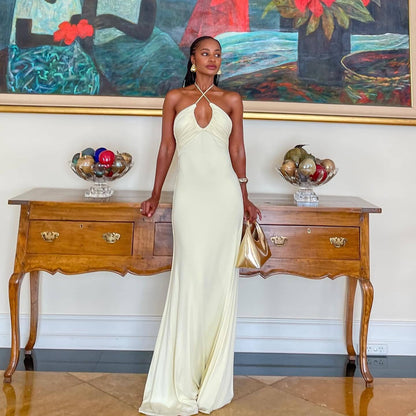Pale Yellow Halter Neck Backless Maxi Dress