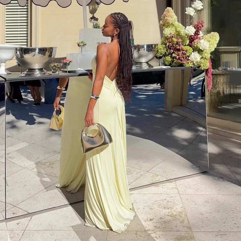 Pale Yellow Halter Neck Backless Maxi Dress