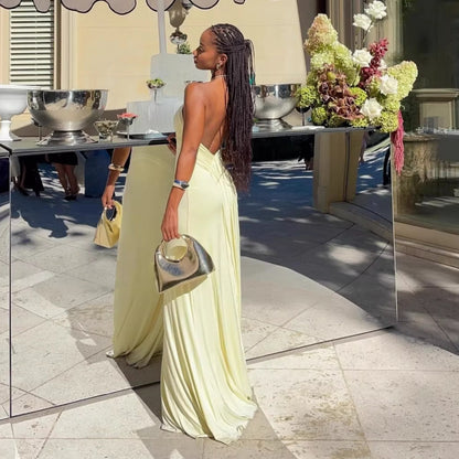 Pale Yellow Halter Neck Backless Maxi Dress