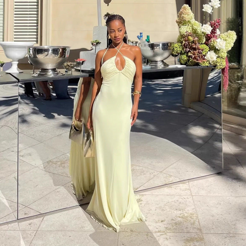 Pale Yellow Halter Neck Backless Maxi Dress