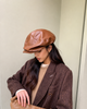 Leather womens beanie with short brim crown