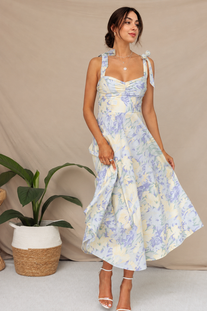 Floral midi sundress with tie straps and v neckline