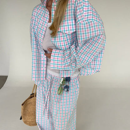 Pastel plaid oversized shirt and wide leg pants set