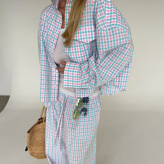 Pastel plaid oversized shirt and wide leg pants set