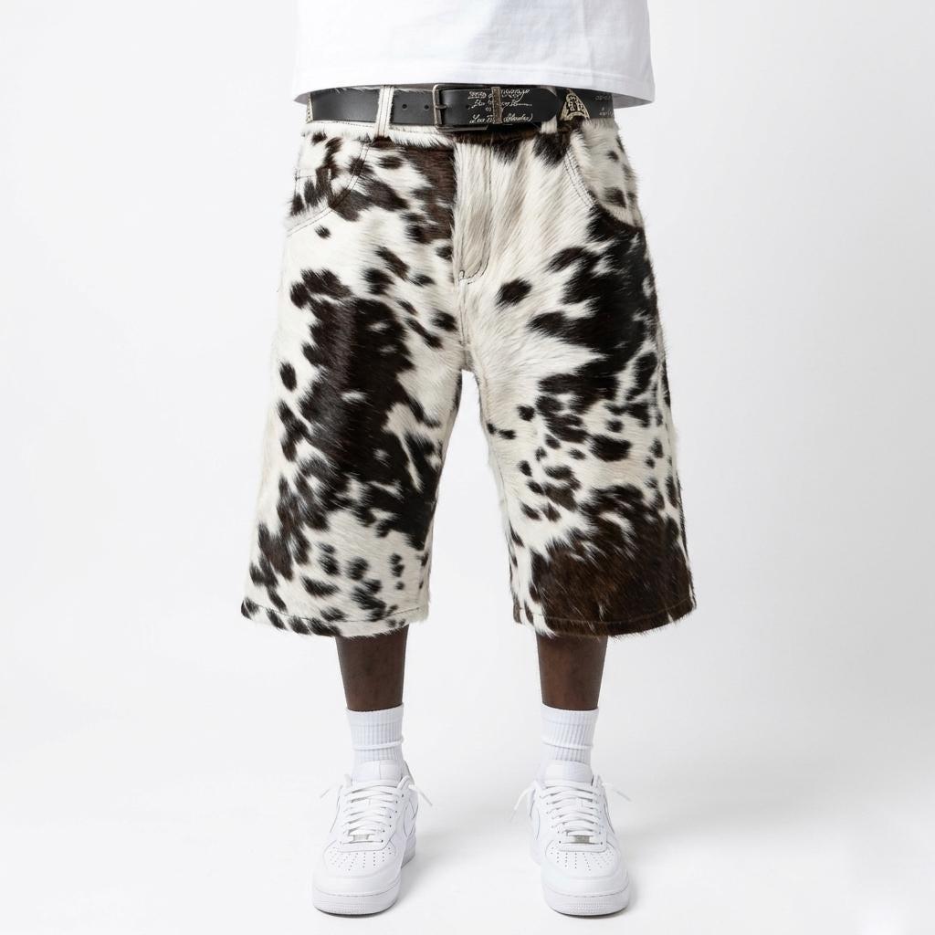 Men's Cowhide Cargo Shorts in Black and White Hair-On Hide