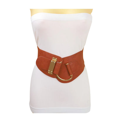 Adjustable wide waist belt faux leather women gold hook