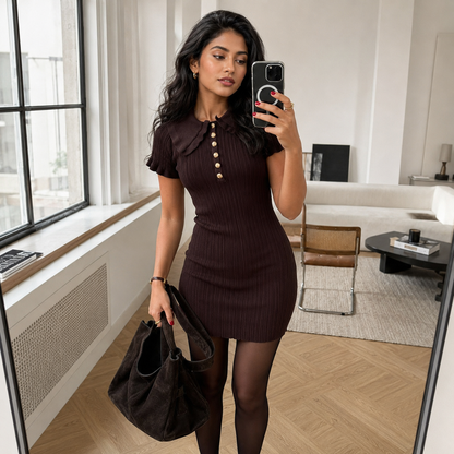 Peter pan collar knit dress with short ruffle sleeves and front button detail.