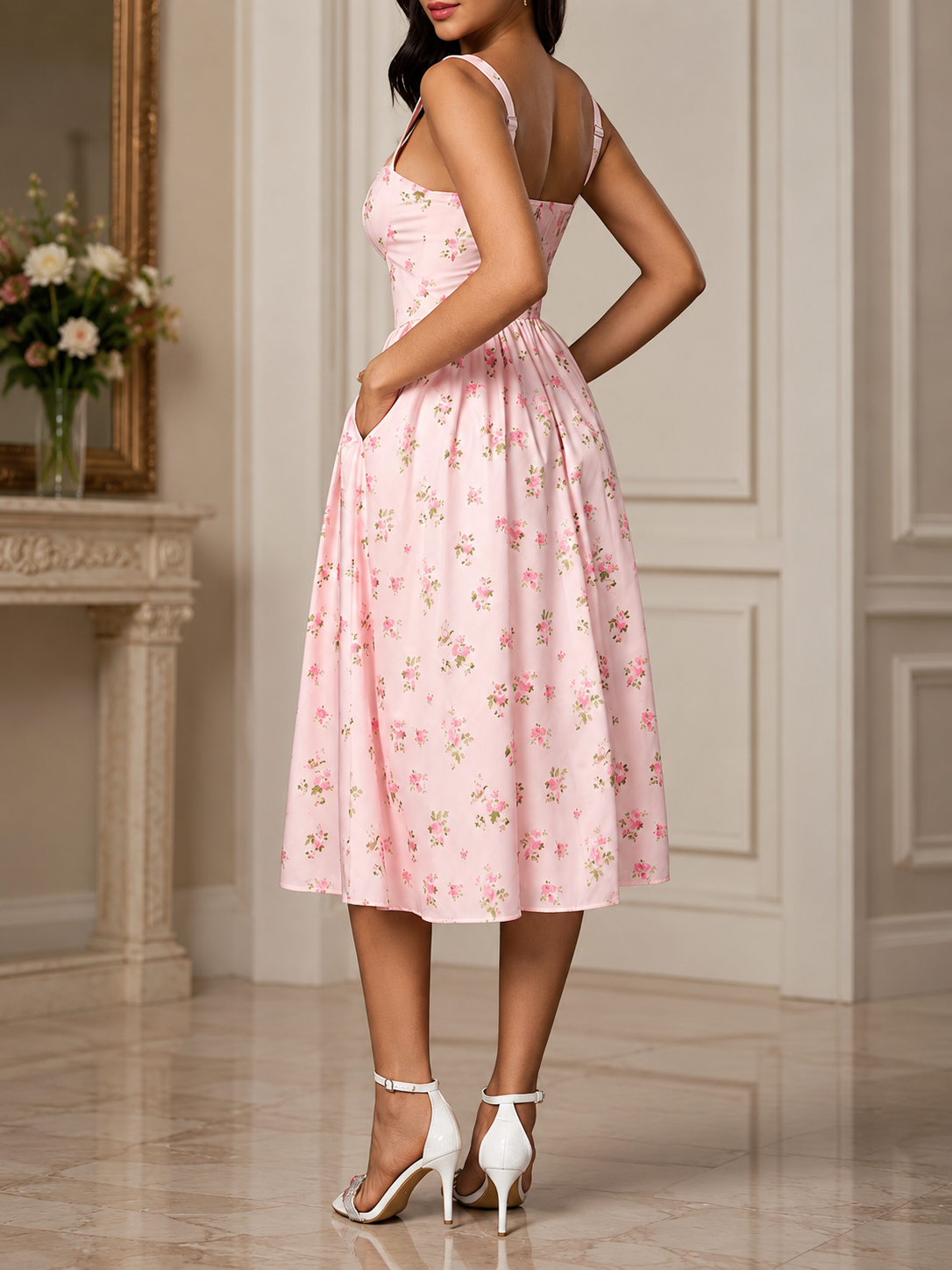 Pink floral midi dress with side pockets and corset front detail
