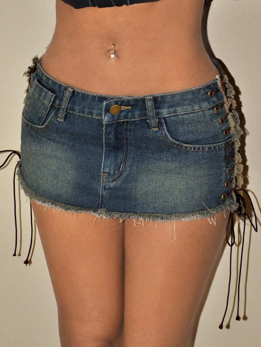 Mini denim skirt with side tie-up detail