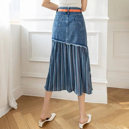 Women's knee length jean skirts with mesh detail
