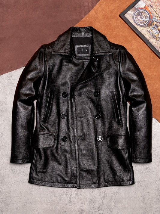 Plus size double-breasted mid-length leather jacket