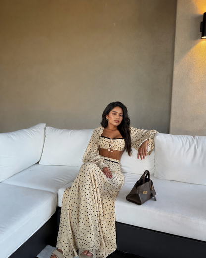 Cream polka dot square neck crop top and high waist maxi skirt set