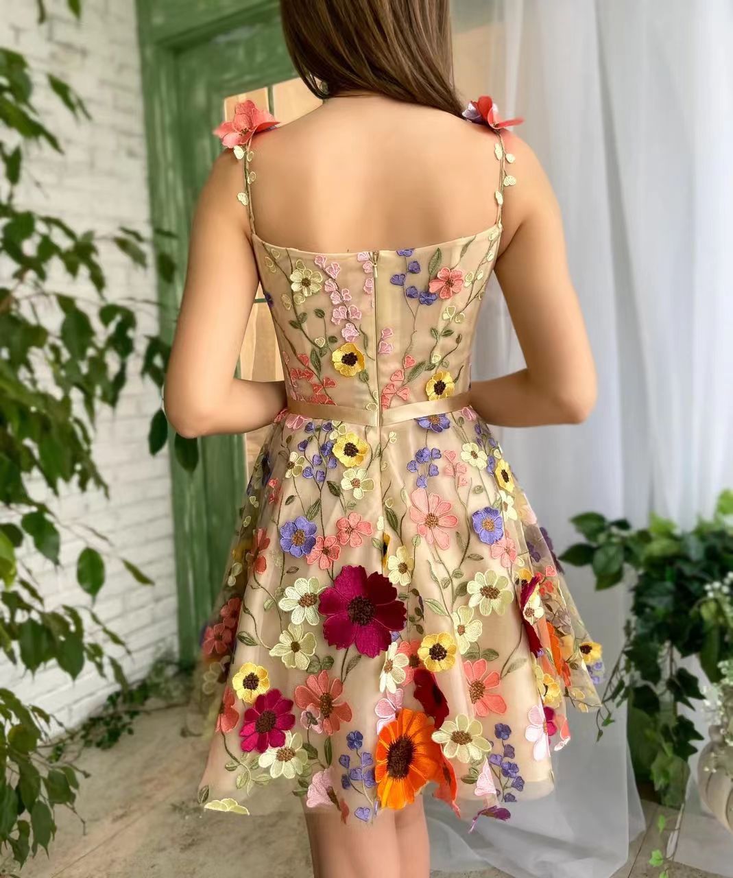 Women's mini sundresses with floral embroidery and bow waist