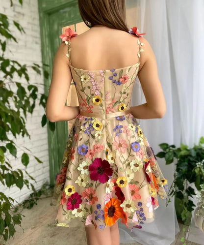 Women's mini sundresses with floral embroidery and bow waist