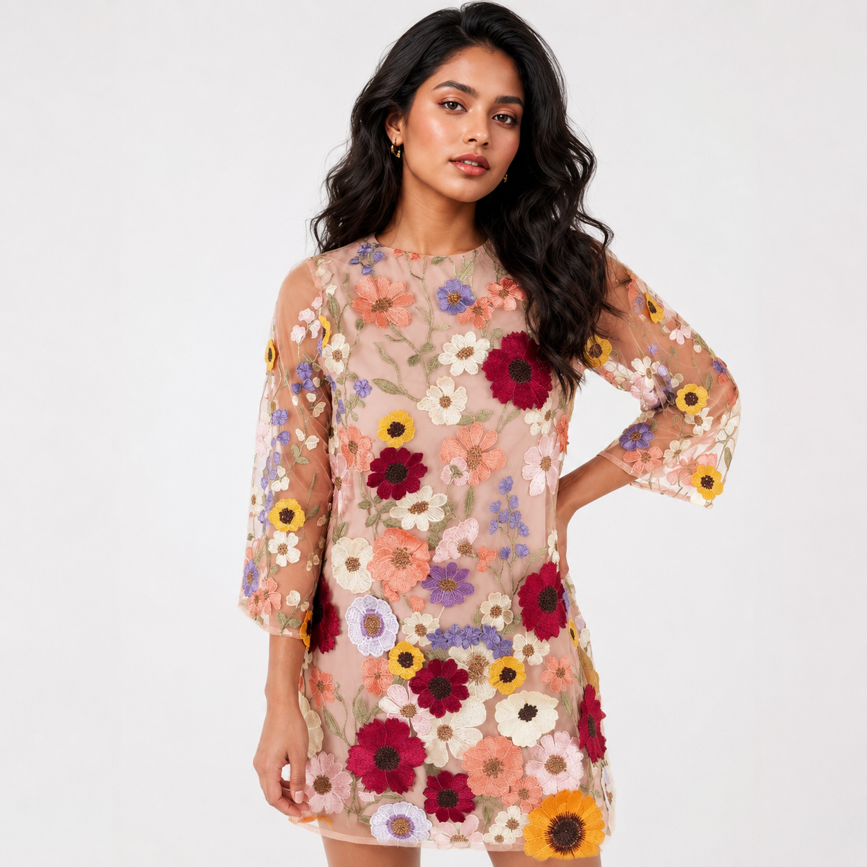Women's mini sundresses with sheer floral embroidery