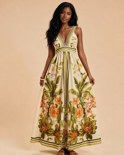 Printed V-Neck Maxi Dress With Ruched Back