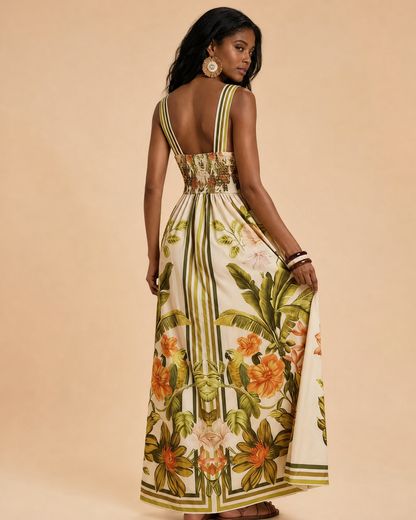 Printed V-Neck Maxi Dress With Ruched Back