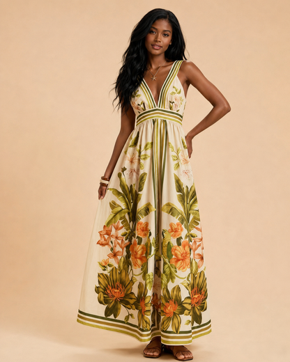 Printed V-Neck Maxi Dress With Ruched Back