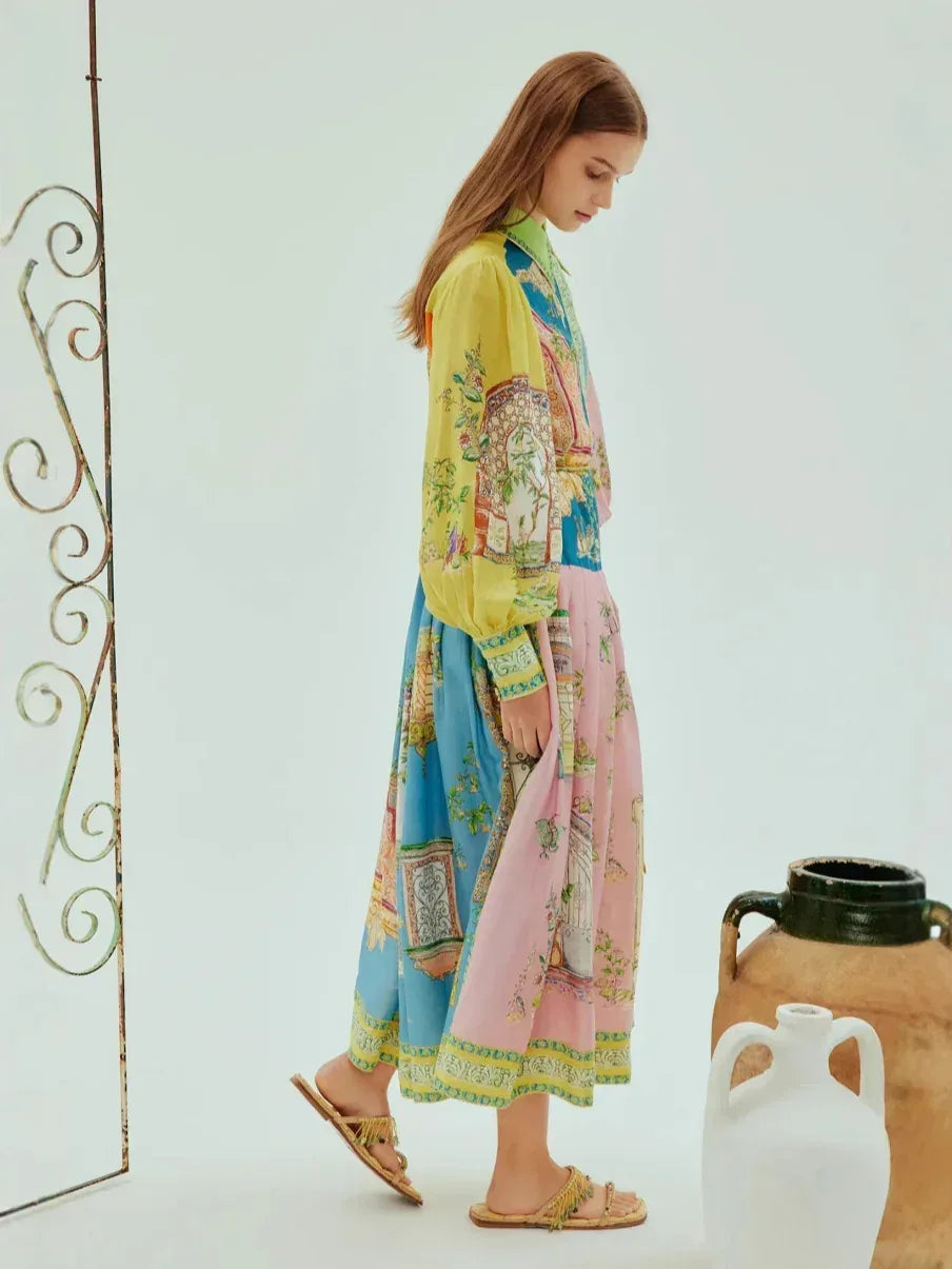 Women’s Printed Button Front Maxi Dress with Tie Waist