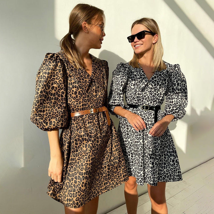 Leopard print puff sleeve a line dress