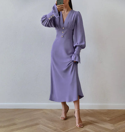 Baby Blue V Neck Long Sleeve Midi Dress