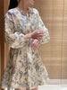 Floral linen mini dress puff sleeve summer flowy short dress