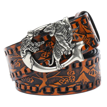 Women's Embossed Leather Belt with Tiger Buckle