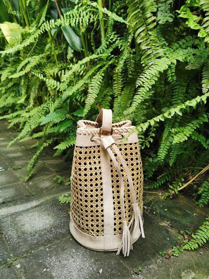 Rattan Leather Bucket Bag Boho Backpack Purse