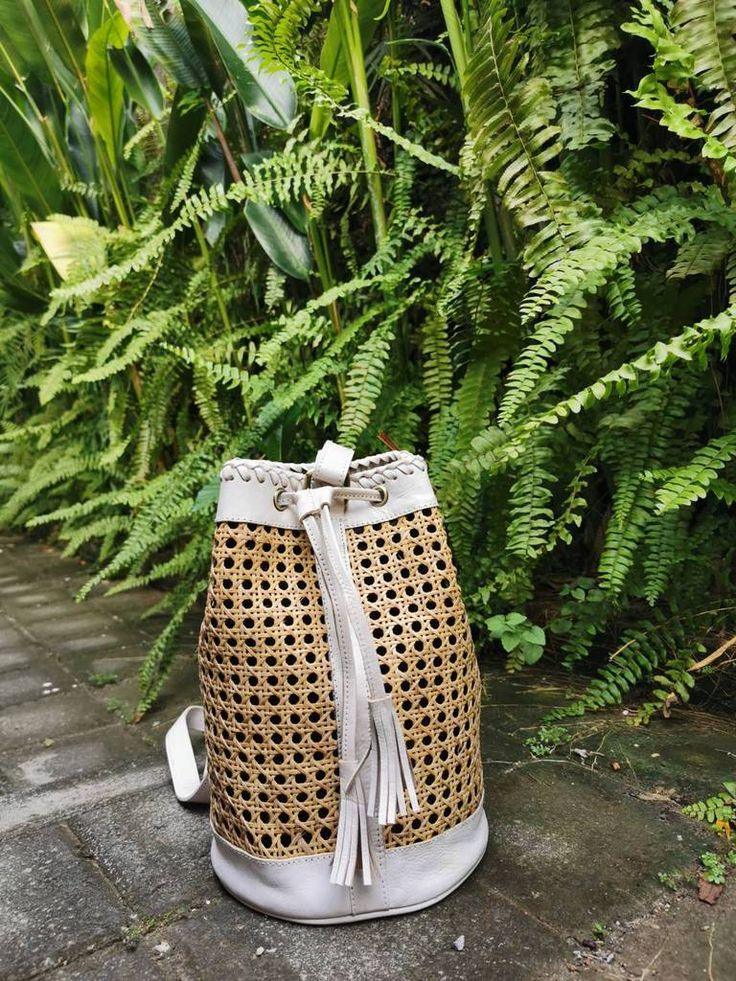 Rattan Leather Bucket Bag Boho Backpack Purse White