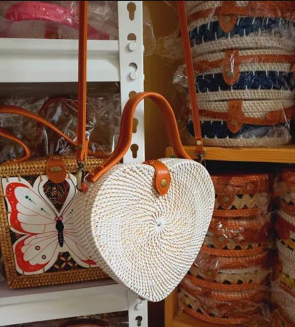 Handmade Heart Rattan Bag with Leather Crossbody Strap White