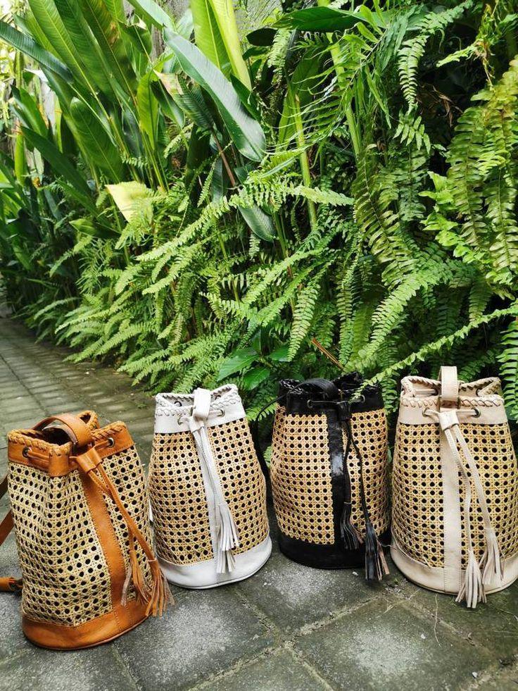 Rattan Leather Bucket Bag Boho Backpack Purse